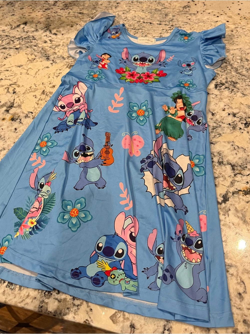 Blue Lilo & Stitch Mini Dress with Floral & Character Print